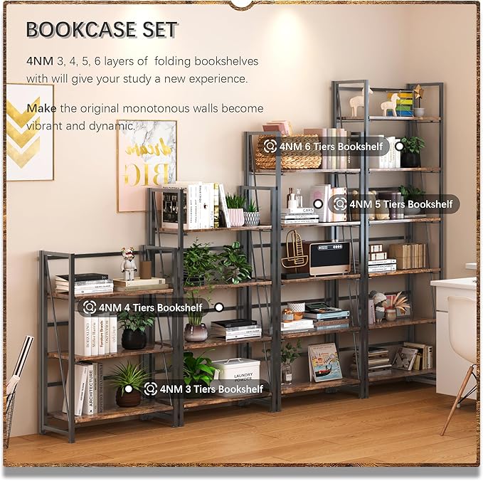 4NM No Assembly Foldable Bookshelf, 6-Shelf Collapsible Bookcase Storage for Small Spaces, 74" H, Rustic Brown and Black-CasaMuseHome
