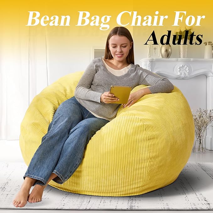 3.5FT Bean Bag Chairs Teardrop Bean Bag Chair for Adults Beanbag Chair with Memory Foam Filled Machine Washable Cover for Living Room, Bedroom (Large,Yellow)-CasaMuseHome