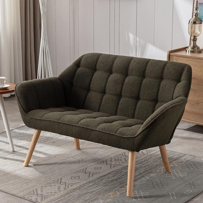 48" Small Loveseat Sofa, Modern Sherpa Mini Sofa Couch 2-Seater Fluffy Love Seat with Quilting Backs and Wood Legs for Living Room, Bedroom and Small Space, Green-CasaMuseHome