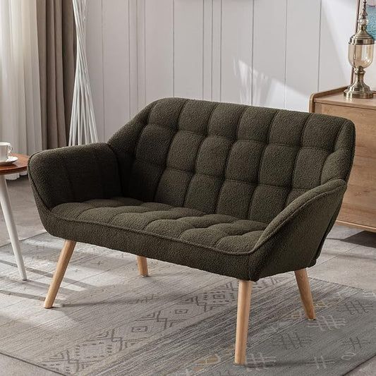 48" Small Loveseat Sofa, Modern Sherpa Mini Sofa Couch 2-Seater Fluffy Love Seat with Quilting Backs and Wood Legs for Living Room, Bedroom and Small Space, Green-CasaMuseHome