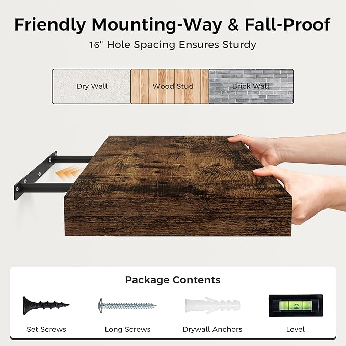 12 Inch Deep Floating Shelves, 24 x 12 Floating Shelf for Books, Rustic Wood Deep Wall Shelves for Home Storage & Display, 2" Thicked Shelves for Kitchen, Living Room, Bedroom, Rustic Brown, 1 Pack-CasaMuseHome