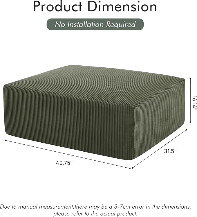 40" Square Stuffed Ottoman Pouf for Sofa Couch, Corduroy Poufs with Foam Chunk Filling, Furry & Fluffy Foot Stool Movable Ottoman. 40 * 31 Floor Poufs Foot Rest for Living Room, Green-CasaMuseHome
