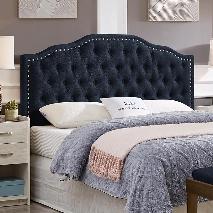 24KF Upholstered Button Tufted Queen Headboard with Nailhead Trim, Elegant Boucle Fabric Full headboard, 6031-Q-Boucle-Navy-CasaMuseHome