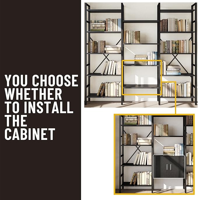 70 x70 Triple 5 Tier Book Shelf, Industrial Large Bookcase with Storage Cabinet, Tall Bookshelf with 14 Open Display Shelves Metal Frame Furniture for Living Room Bedroom Home Office Black-CasaMuseHome