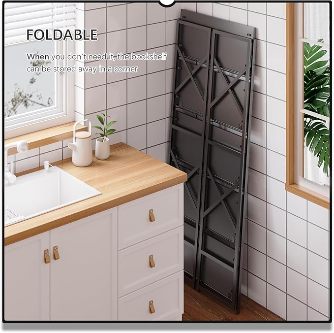 4NM 5 Tiers No Assembly Book Shelves, 51.2" H Folding Bookshelf Bookcase Open Industrial Foldable Shelves for Bedroom, Living Room, Home Office - All Black-CasaMuseHome