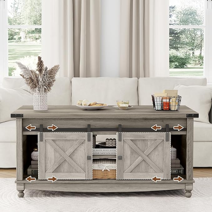 48" Farmhouse Lift Top Coffee Table with Storage Sliding Barn Door & Large Hidden Compartment, Coffee Table with Lifting Top with Wooden Lift Tabletop, Coffee Tables for Living Room, Grey-CasaMuseHome