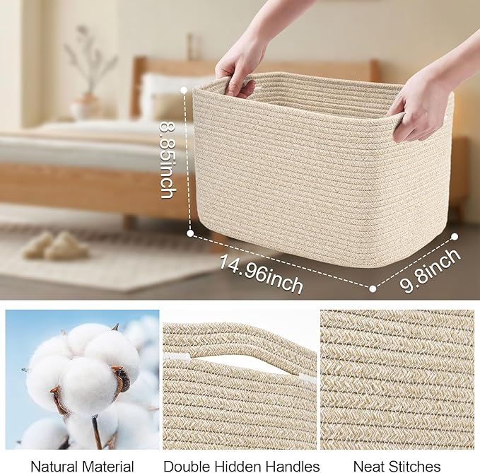 3-Pack Shelf Baskets for Organizing, Woven Storage Basket for Shelves, Cotton Rope Storage Bins for Toys Books, Nursery Towel Baskets for Classroom, 14.96"X9.8"X8.85", Brown-CasaMuseHome