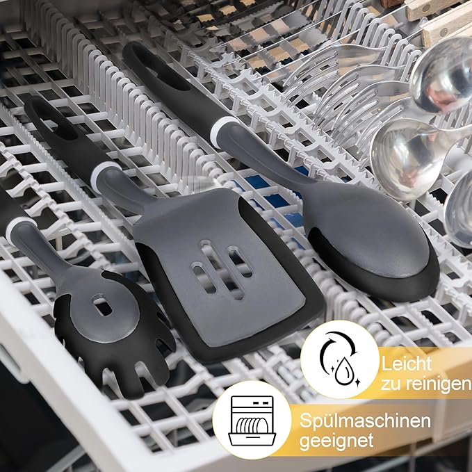 6-Piece Silicone Kitchen Utensil Set with Rotating Stand, Non-Stick, Heat-Resistant (400°F), Nylon Handle, Cooking Spatula Set for Baking & Cooking, Light Gray-CasaMuseHome