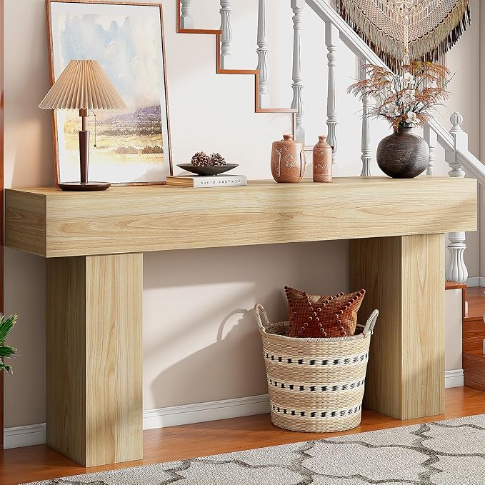 63 Inch Long Console Table for Entryway, Farmhouse Wood Rectangular Sofa Table Behind Couch Table, Narrow Entryway Table for Living Room, Entrance, Hallway, Foyer, Easy Assembly (Natural)-CasaMuseHome