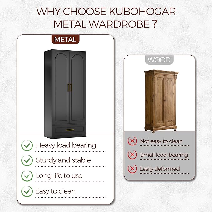 71" Metal Armoire Wardrobe Closet with 2 Doors and Drawer, Tall Wardrobe Cabinet with Hanging Rod and Adjustable Shelves, Black Clothing Storage Cabinets for Bedroom, Home Office-CasaMuseHome