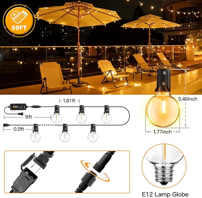 50FT Outdoor String Lights with Remote Dimmer, 25+2 Led Bulbs Connectable Dimmable Outdoor Lights, Support Timer Waterproof Shatterproof for Patio Yard Porch Deck-CasaMuseHome