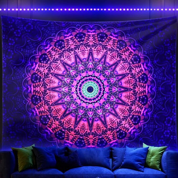 ADDWel Blacklight Mandala Boho Tapestry Glow In The Dark, Black Light Bohemian Hippie Poster Wall Hanging for Bedroom Aesthetic Wall and Room Decor (60" x 80", Mandala)-CasaMuseHome