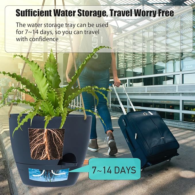 8 inch Hanging Planters, 2 Pack Self Watering Hanging Pots with 20oZ Deep Reservoir for Indoor Outdoor Plants Flowers, Black-CasaMuseHome