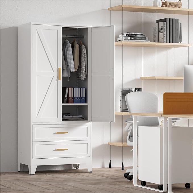 71'' Farmhouse Metal Wardrobe Cabinet with Hanging Rod, 2 Barn Door Wardrobe Closet with Adjustable Shelves,2 Drawer,for Dining Room,Bedroom,Living Room, Cloak Room,Office (White)-CasaMuseHome