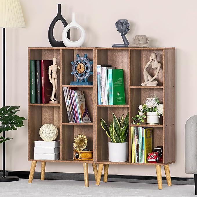 5 Cube Small Bookshelf,3 Tier Mid-Century Modern Bookcase with Legs,Wood Kids Bookshelves Storage Organizer Shelf,Free Standing Narrow Book Shelves,Oak Grey Corner Bookcases for Bedroom,Living Room-CasaMuseHome