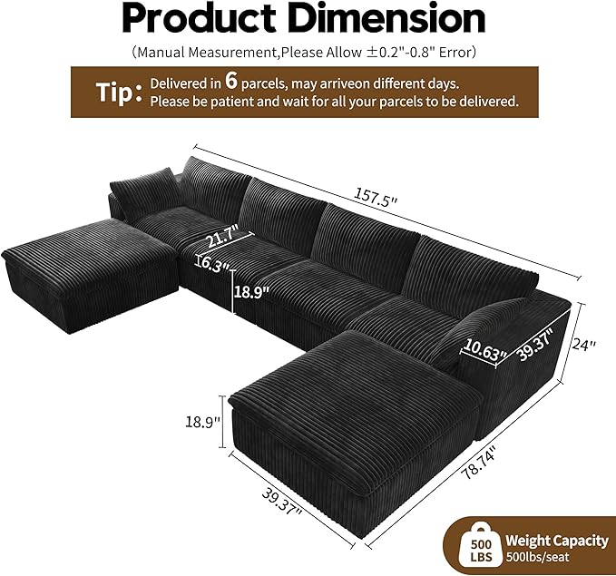 157.5" U Shaped Modern Sofa Modular Sectional Cloud Couch with 2 Ottoman,Deep Seat Upholstered Couches with Corduroy Fabric for Living Room Furniture,Bedroom and Apartment,No Assembly Required,Black-CasaMuseHome