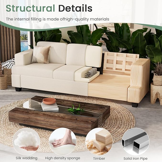 89" White Corduroy Sofa for Living Room, 3 Seater Cloud Couch, Deep Seat Floor Couch for Bedroom, Futon Modern Sofa Bed, White Corduroy-CasaMuseHome