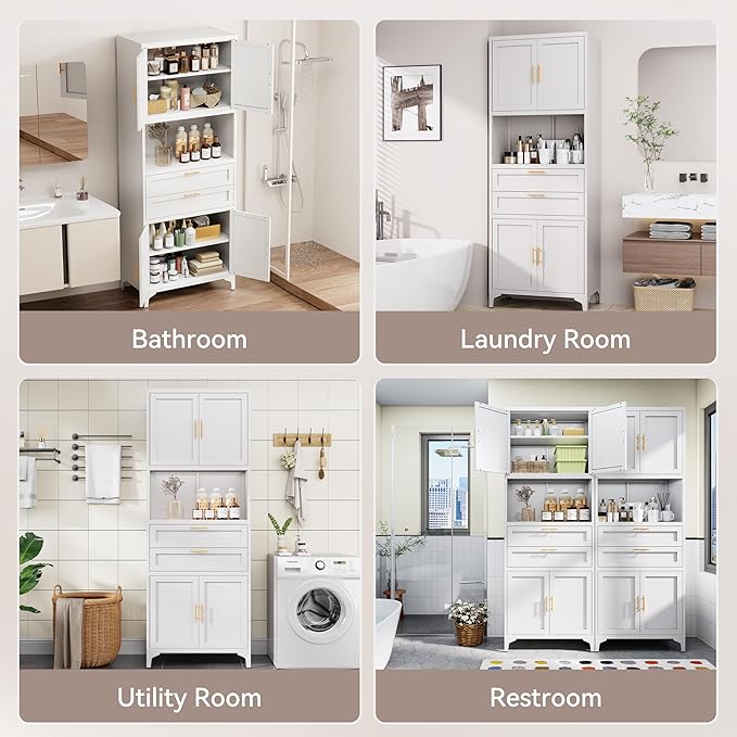 75” Tall Kitchen Pantry Storage Cabinet, Metal Bathroom Storage Cabinet with 2 Drawers and Adjustable Shelves, Kitchen Pantry Cupboard, Freestanding Cupboard for Bathroom, Living Room (White)-CasaMuseHome