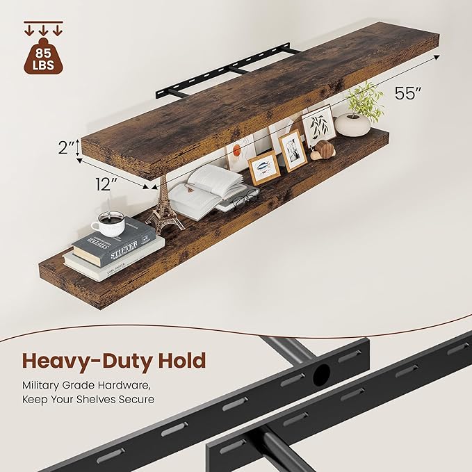 12" Deep Floating Shelves for Wall 55 Inches Long, Heavy Duty Wall Shelves for Bedroom Bathroom Kitchen Laundry Room, Farmhouse Rustic Shelves for Home Decor, 55" X 12" X 2" Set Of 2, Rustic Brown-CasaMuseHome