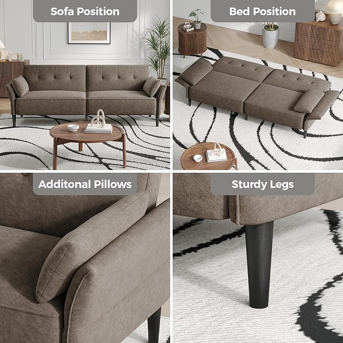 89” Futon Sofa Bed, Comfy Futon Couch Bed with 2 Square Pillows, Convertible Sleeper Sofa with Adjustable Backrest& Armrests, Modern Loveseat Sleeper for Living Room, Bedroom, Light Brown-CasaMuseHome