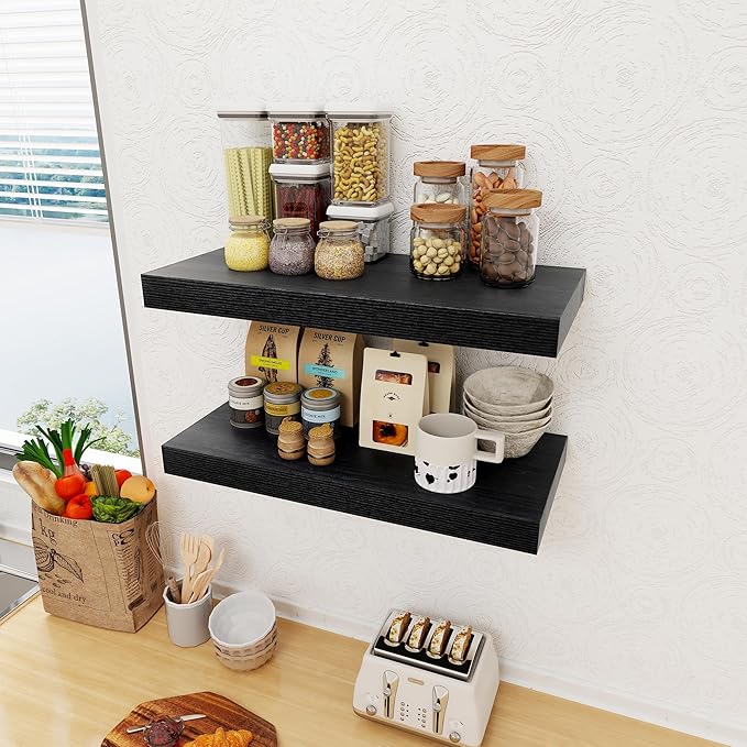 12 Inch Deep Black Floating Shelves, 24 x 12 Floating Shelf for Books, Rustic Wood Deep Wall Shelves for Home Storage & Display, 2" Thicked Shelves for Kitchen, Living Room, Bedroom, 2 Pack-CasaMuseHome