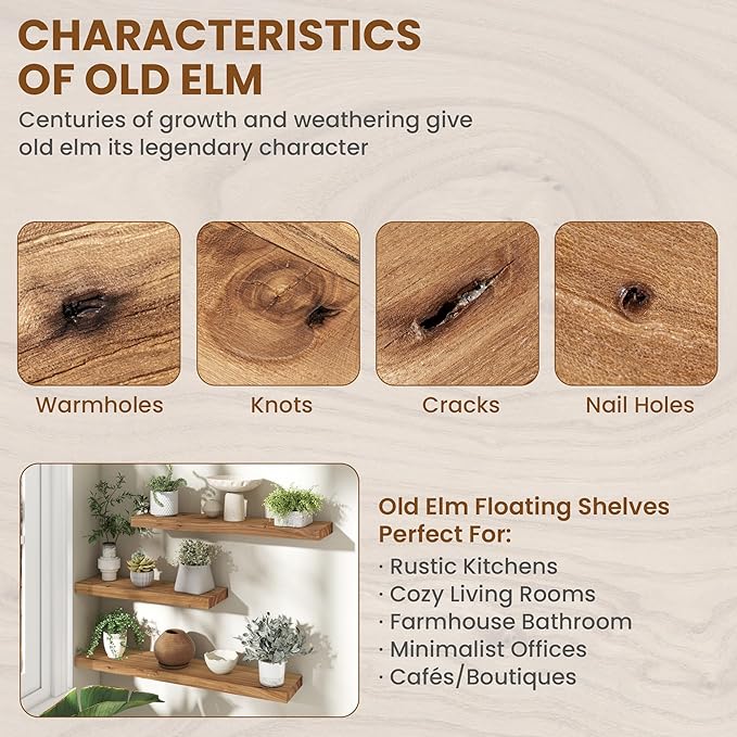 36 Inch Floating Shelves for Wall, Rustic Elm Wood Shelf for Home Decor, Heavy-Duty Wooden Floating Shelves for Kitchen, Wall Mounted Storage Shelves for Bathtoom, Living Room, Natural Color, Set of 2-CasaMuseHome