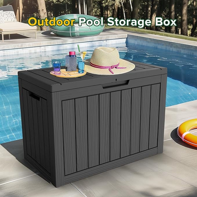 45 Gallon Outdoor Deck Box,Storage Lockable Waterproof Patio Furniture,Garden Tools,Cushions,Pool Accessories Outside Storage Resin Box(Black)-CasaMuseHome