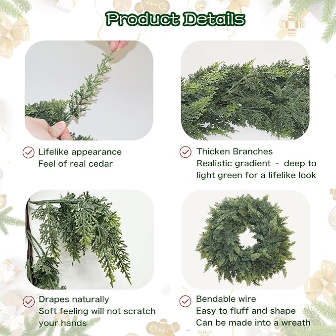 9FT Christmas Cedar Garland Artificial Real Touch Thickness Realistic Greenery Pine Garland for Mantle Fireplace Outdoor Indoor Christmas Decorations-CasaMuseHome