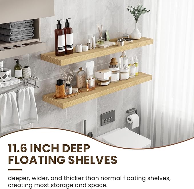 48 Inch Floating Shelves, 12 Inch Deep Floating Shelves for Wall, Large Floating Shelf with Invisible Brackets, Deep Shelves for Bathroom, Bedroom, Living Room, 1 Pack, Natural-CasaMuseHome