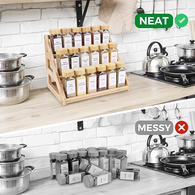 3-Tier Natural Bamboo Spice Rack Organizer - for Kitchen Cabinets, Countertops & Pantries - Space-Saving Tiered Shelf-CasaMuseHome