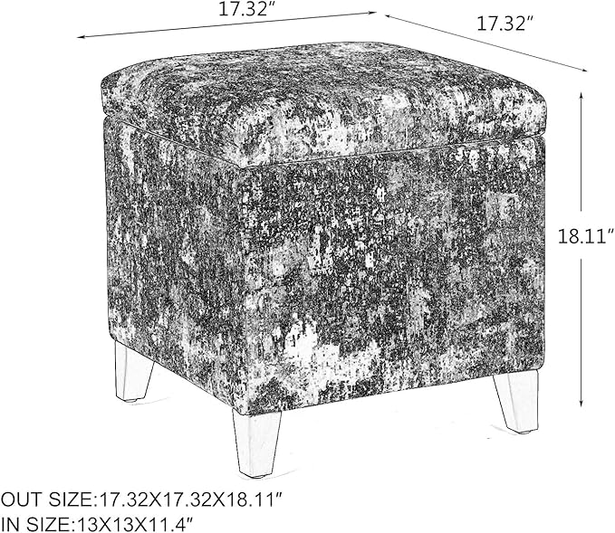Adeco 18 Inch High Cube Ottoman Storage, Linen Chair Foot Stools, Upholstered Vanity Stool with Hinged Lid, Solid Wood Legs-CasaMuseHome