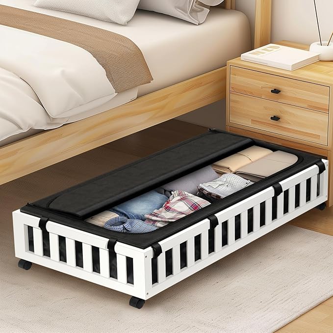 2 Pack Bamboo Under Bed Storage with Wheels, 39”x20”x7.8” Lager Under Bed Storage Containers (White)-CasaMuseHome