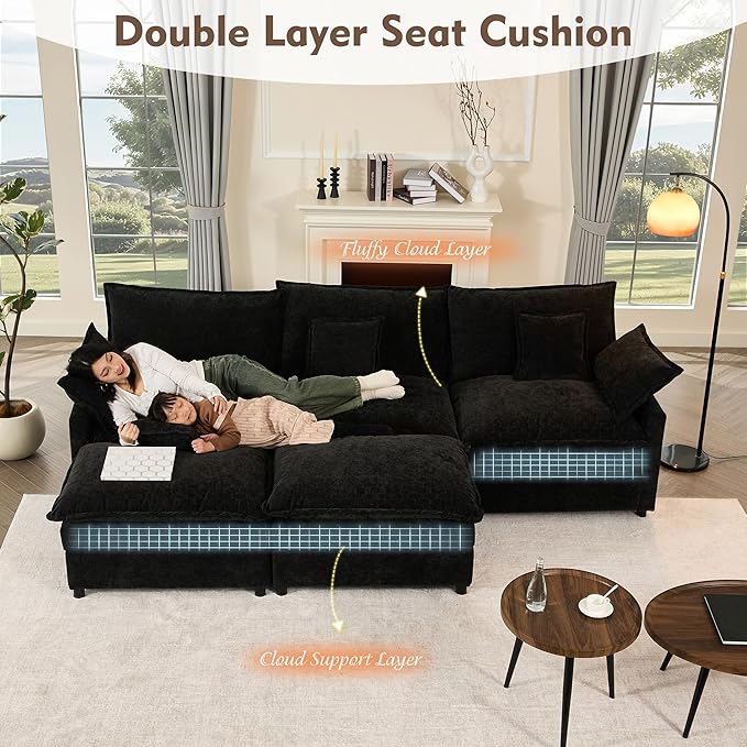 108" U Shaped Couch, Modular Sectional Sofa, 3-Seater Comfy Cloud Couch with Movable Ottoman, Deep Seat Couches for Living Room, Chenille, Black-CasaMuseHome