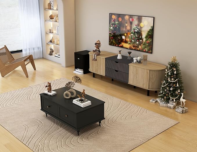 71" Tambour Door TV Stand,Wood Mid Century Modern TV Cabinet for Up to 85“ TV,Curved Edge Long TV Stand with Storage for Bedroom Living Room(Natural, 71inch)-CasaMuseHome