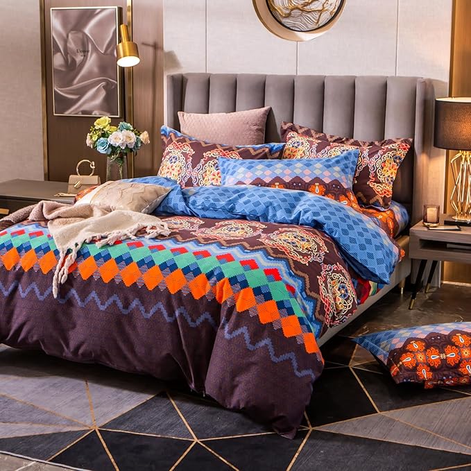ABREEZE Bohemian Duvet Cover Set Colorful Brown Boho Retro Bedding Set Damask Paisley Cotton Duvet Cover Tribal Reversible Bedding Exotic Style Comforter Cover 3-Piece Queen-CasaMuseHome