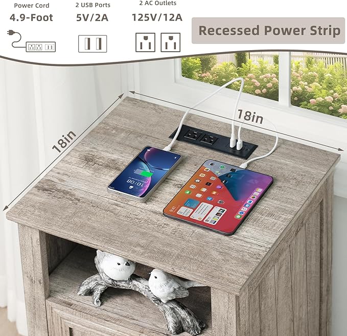 18" Farmhouse Night Stand with Charging Station, 2 Drawers End Table Dresser for Bedroom, Oak Wooden Nightstand, Bed Side Table with Open Shelf, Bedside Cabinet for Living Room, Closet-CasaMuseHome