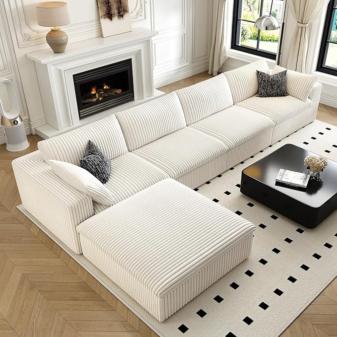 157.5" Cloud Couch Modular Sectional Sofa for Living Room,Modern Sofa with Deep Seat，L-Shape Boneless Couch with Ottoman,Comfy Upholstered Corduroy Couches for Apartment, Studio, Office,Bedroom，White-CasaMuseHome