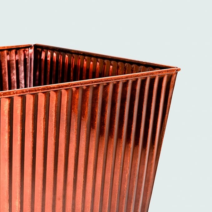 22in Vintage Handmade Metal Vertical Lines Copper Tapered Planters,Planter Box with Drainage Holes and Saucer -Set of 2, Galvanized Steel Planter for Indoor/Outdoor/Porch/Garden-CasaMuseHome