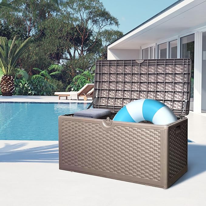 80 Plus Gallon Outdoor Storage Box, Waterproof Resin Deck Box Outdoor Storage Bin for Patio, Poolside, and Garden, Lockable & UV-Resistant, Ideal for Small Spaces, Brown-CasaMuseHome