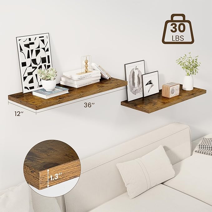 36" Floating Shelves for Wall, 12" Deep Slim Rustic Brown Floating Shelves, Wall-Mounted Shelves for Bedroom, Living Room, Kitchen, Bathroom - Set of 2-CasaMuseHome