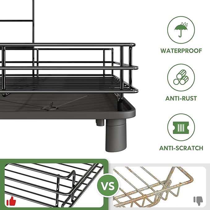 2 Tier Black Large Stainless Steel Dish Drainers Drying Rack for Kitchen Counter with Drainboard, Rust Proof Metal, Space Saving, Modern Aesthetic, Compact Plates Strainers with Extra Mat-CasaMuseHome