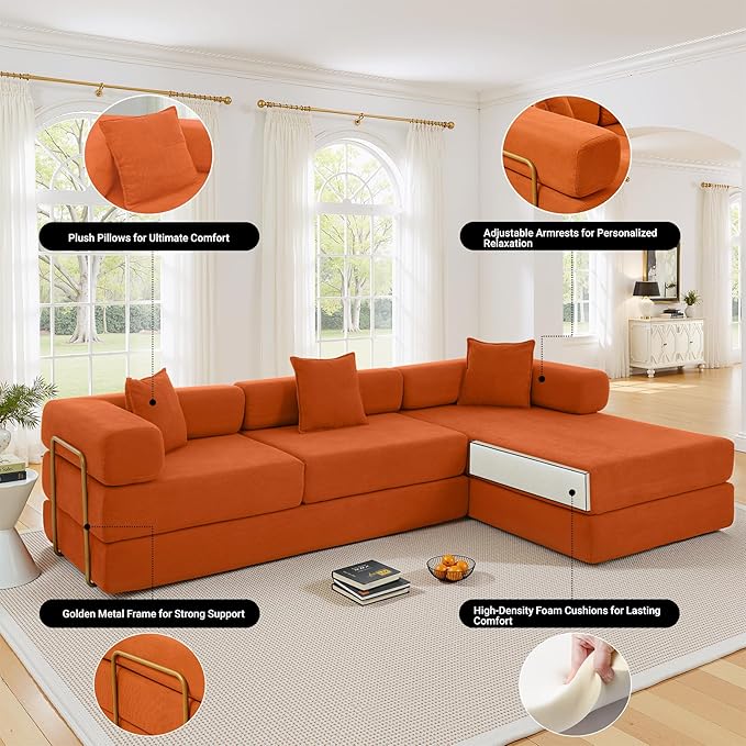108" Oversized Convertible Sleeper Sofa Bed, Corduroy L Shape Sectional Couch, Folding Sofa Bed with Side Pocket, Modern Cloud Floor Mattress Couch, Modular Sofa for Living Room, Orange-CasaMuseHome