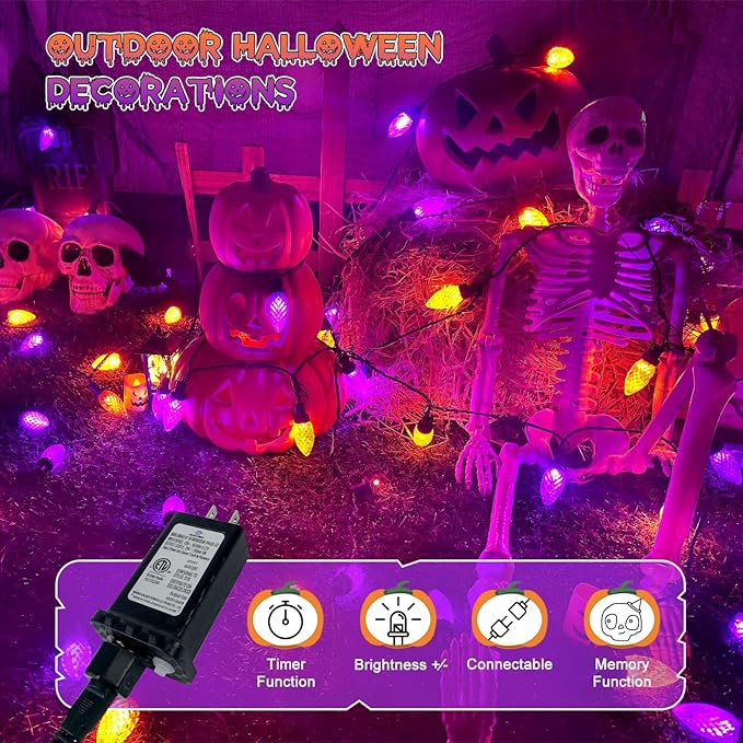 2PK 100 LED Purple and Orange C9 Halloween Lights Indoor Outdoor, Extendable 98FT C9 String Lights with 13 Modes & Timer, Waterproof Plug in Halloween Decorations for Tree Patio Fall Party Garden-CasaMuseHome