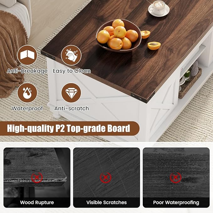 48" Farmhouse Lift Top Coffee Table with Storage Sliding Barn Door & Large Hidden Compartment, Coffee Table with Lifting Top with Wooden Lift Tabletop, Coffee Tables for Living Room, White-CasaMuseHome