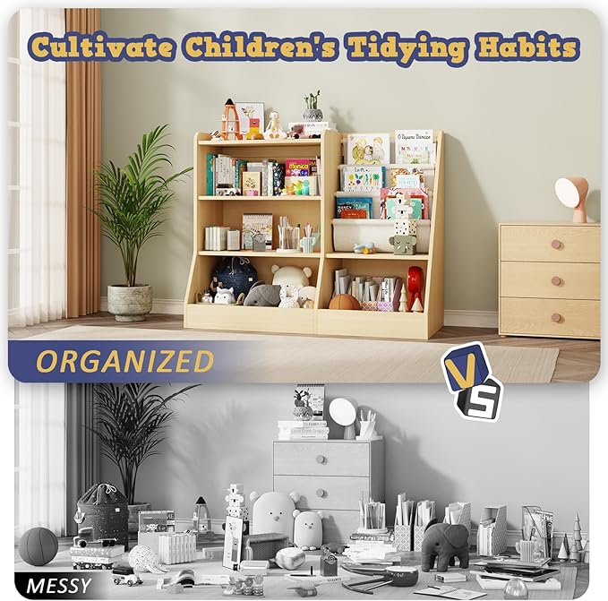 39" Large Kids Wooden Bookshelf and Toy Storage Organizer, Baby Bookcase with Sling Book Rack, Children Toddler Wooden Book Shelf for kids rooms, Playroom, Classroom, Nursery, School (Natural)-CasaMuseHome