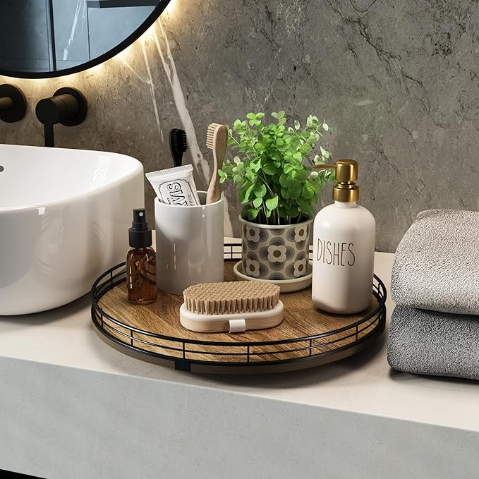 Acacia Wood 13" Lazy Susan Turntable Organizer for Table Top, Farmhouse Round Wooden Lazy Susan for Cabinet Kitchen Centerpieces Coffee Table, for Condiments Spices, Bathroom Vanity Tray Decor-CasaMuseHome