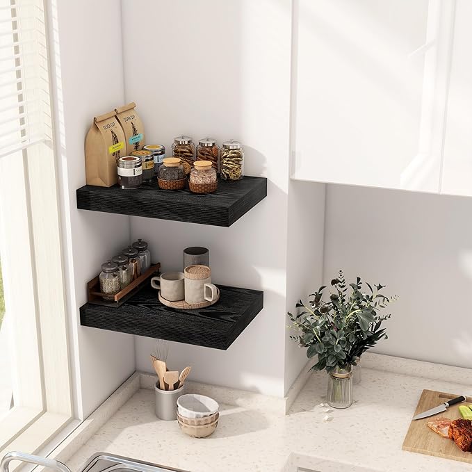 12 Inch Deep Black Floating Shelves, 16 x 12 Floating Shelf for Books, Rustic Wood Deep Wall Shelves for Home Storage & Display, 2" Thicked Shelves for Kitchen, Living Room, Bedroom, 2 Pack-CasaMuseHome