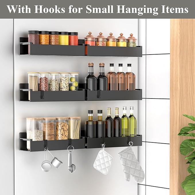 6 Pack Magnetic Spice Rack Organizer for Refrigerator and Oven, Black Fridge Organizers and Storage for Kitchen-CasaMuseHome
