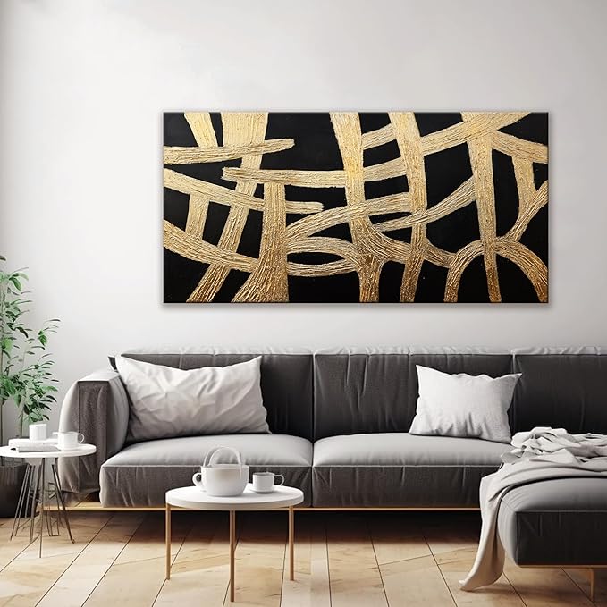 Abstract Wall Art Paintings Canvas Wall Art Decor Black And Gold Lines Artwork for Walls Texture Wall Decorations Modern Minimalist Wall Art Living Room Decor For Room Bedroom Office Wall Decor 24"X48"-CasaMuseHome