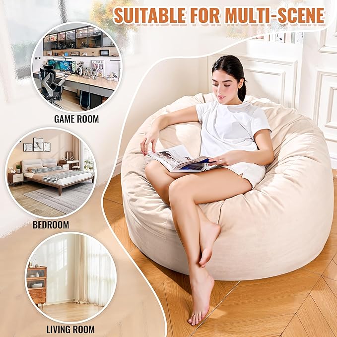 4FT Bean Bag Chair: Bean Bag with Velvet Cover, Fluffy and Comfy Bean Bag Chairs for Adults and Kids, Bean Bag Sofa Filled with High-Density Sponge for Gaming (Yellowish Beige)-CasaMuseHome